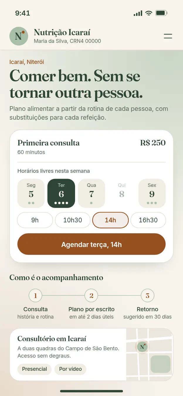 Tela do site da Nutrição Icaraí no celular: valor e duração da primeira consulta, horários livres da semana com a terça escolhida, botão para agendar, etapas do acompanhamento e localização do consultório, com atendimento presencial ou por vídeo.